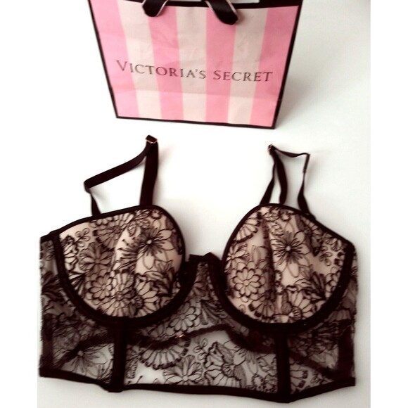 Victoria's Secret Other - Victoria's Secret Longline Balconet Bra 32D Black / Nude Floral Lace Luxe NWT